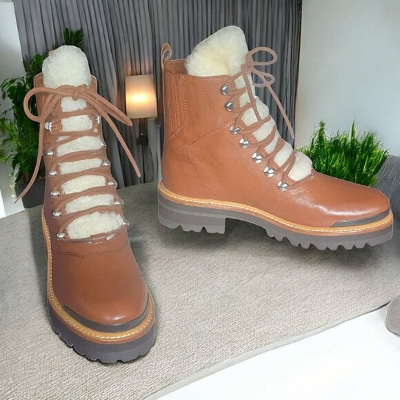 NWOT MARC FISCHER LTD ( 7 ) IZZIE Shearling Lined Leather Work Boots in Dark Tan - Picture 1 of 11